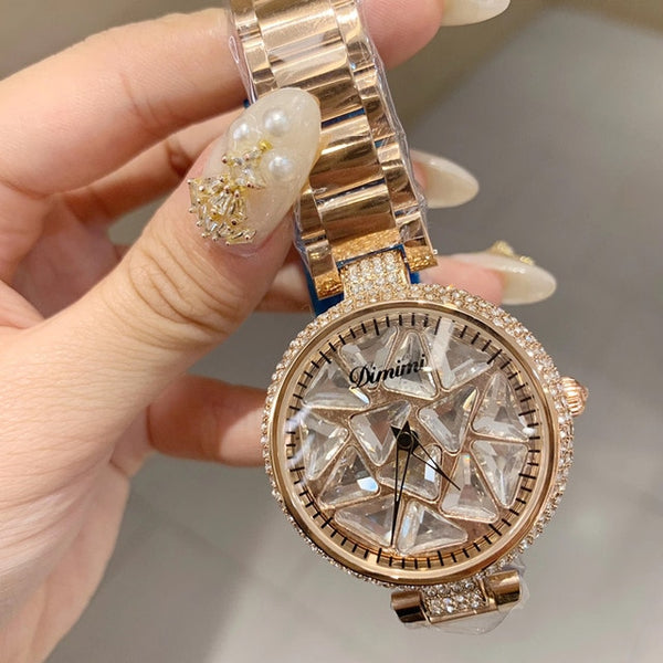 Luxury Full Colorful Rhinestones Spinning Watches for Women Triangle Zircons Jewelry Watch Full Steel Bracelet Waterproof Montre