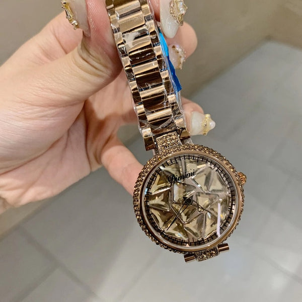 Luxury Full Colorful Rhinestones Spinning Watches for Women Triangle Zircons Jewelry Watch Full Steel Bracelet Waterproof Montre