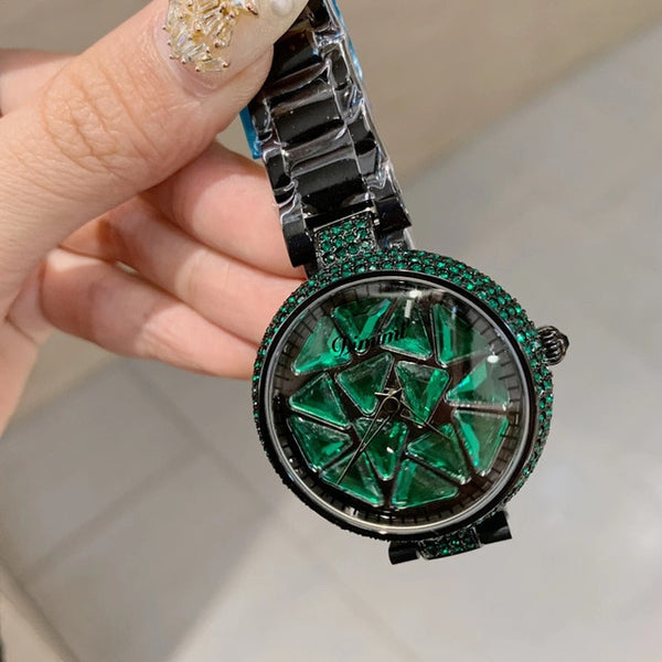 Luxury Full Colorful Rhinestones Spinning Watches for Women Triangle Zircons Jewelry Watch Full Steel Bracelet Waterproof Montre