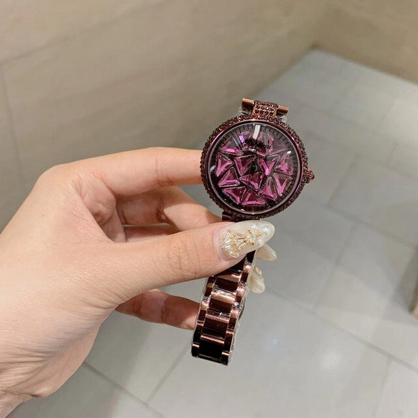 Luxury Full Colorful Rhinestones Spinning Watches for Women Triangle Zircons Jewelry Watch Full Steel Bracelet Waterproof Montre