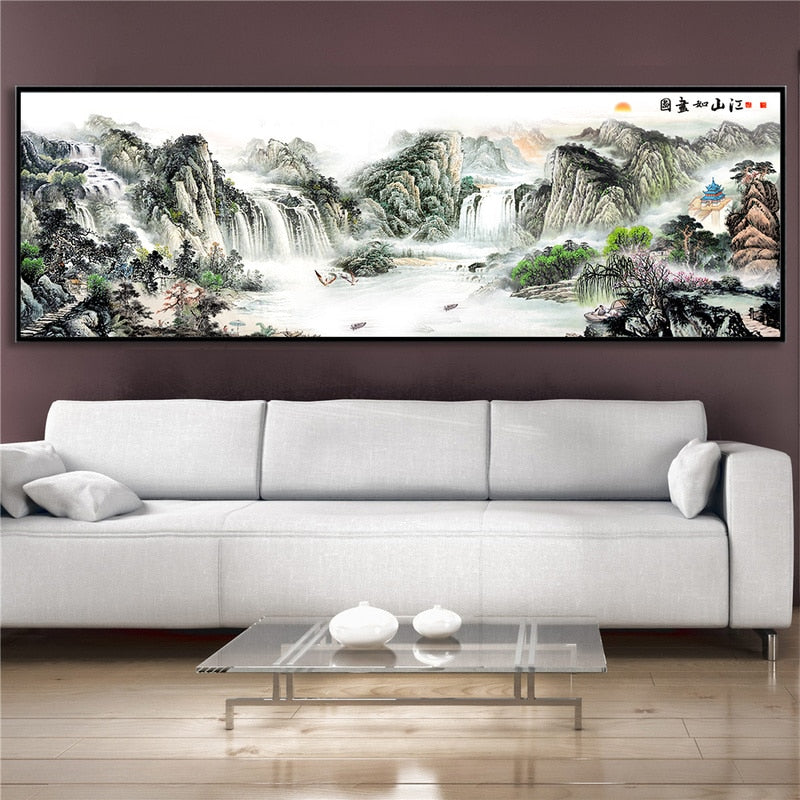 Big Size Canvas Print Wall Art Scenery Chinese Oil Painting Mountain Poster Sansui Landscape Living Room Decoration Maison