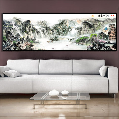 Big Size Canvas Print Wall Art Scenery Chinese Oil Painting Mountain Poster Sansui Landscape Living Room Decoration Maison